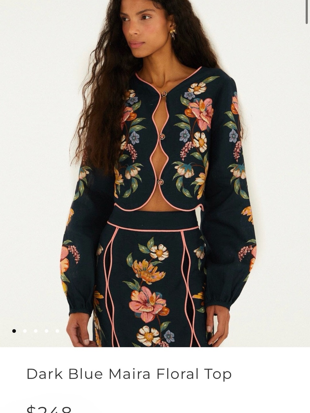 Farm Rio Dark Blue Floral Crop Cardigan Top with Pink Piping